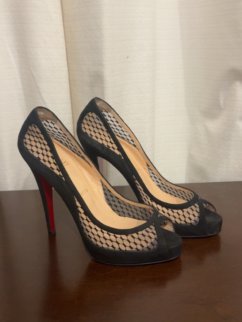 Christian Louboutin Black Mesh and Nude Peep-Toe Pumps